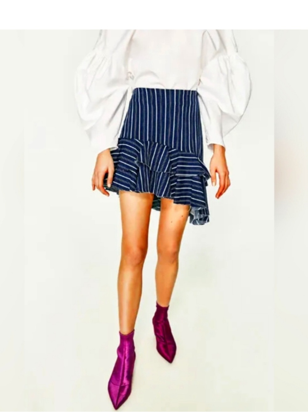 ZARA Trafaluc Denim Navy and White Striped Asymmetrical Ruffle Skirt - XS
